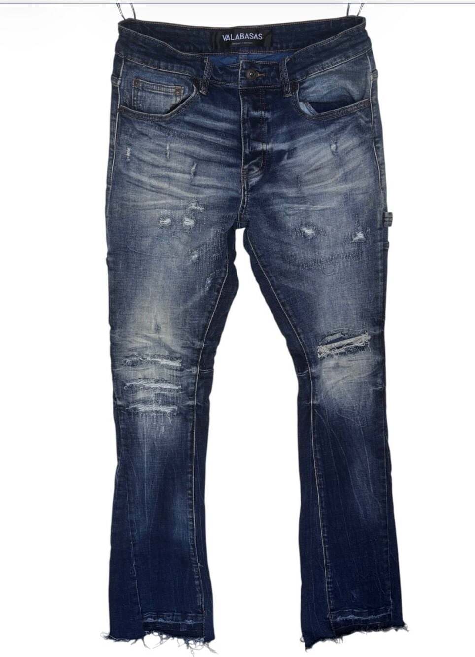 Valabasas Men's Distressed Slim Fit Blue Denim Jeans with Raw Hem